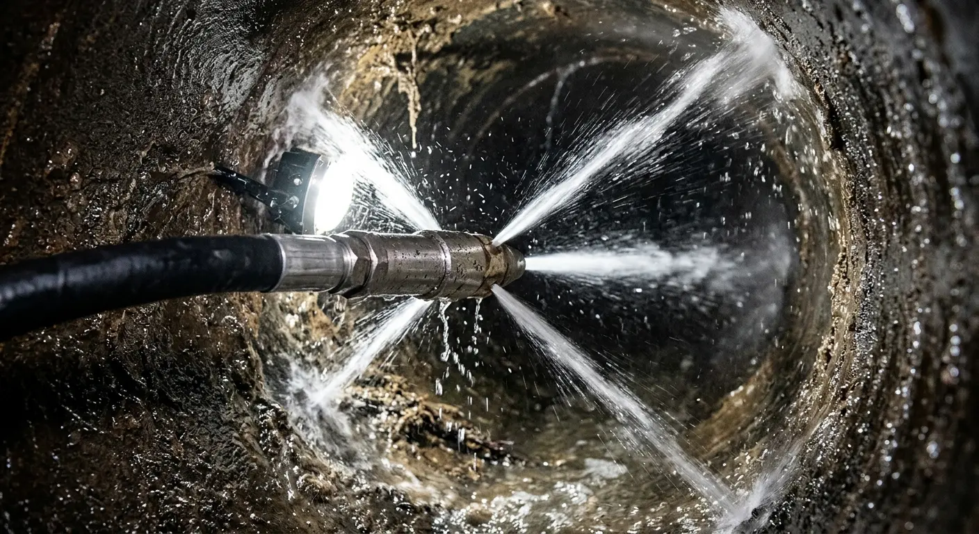 High-pressure hydro jetting nozzle cleaning sewer pipe for Sewer Cleanout in Payson