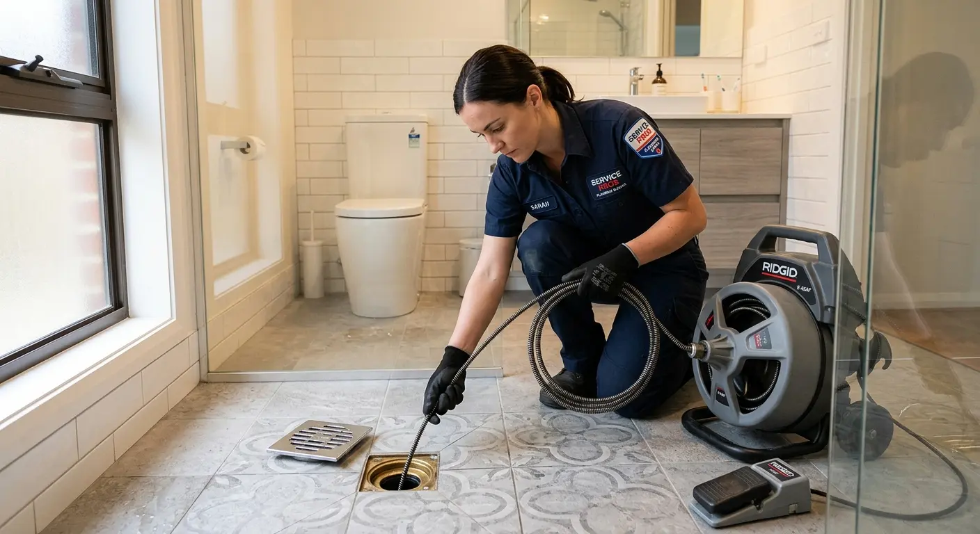 Technician clearing a bathroom floor drain for Hydro Jetting in Payson